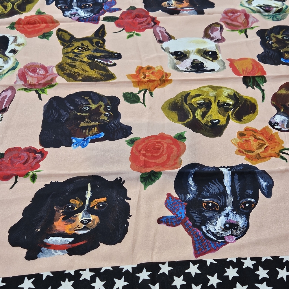 Nathalie Lete Dog Print Square Scarf in Pink with Black Star Border - Picture 6 of 8